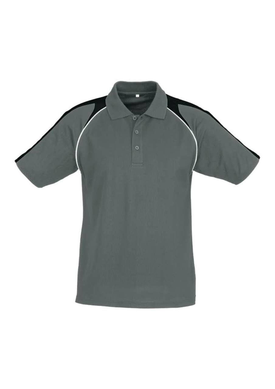 A grey men's polo shirt with black accents on the shoulders and a three-button placket. It features a logo on the chest.