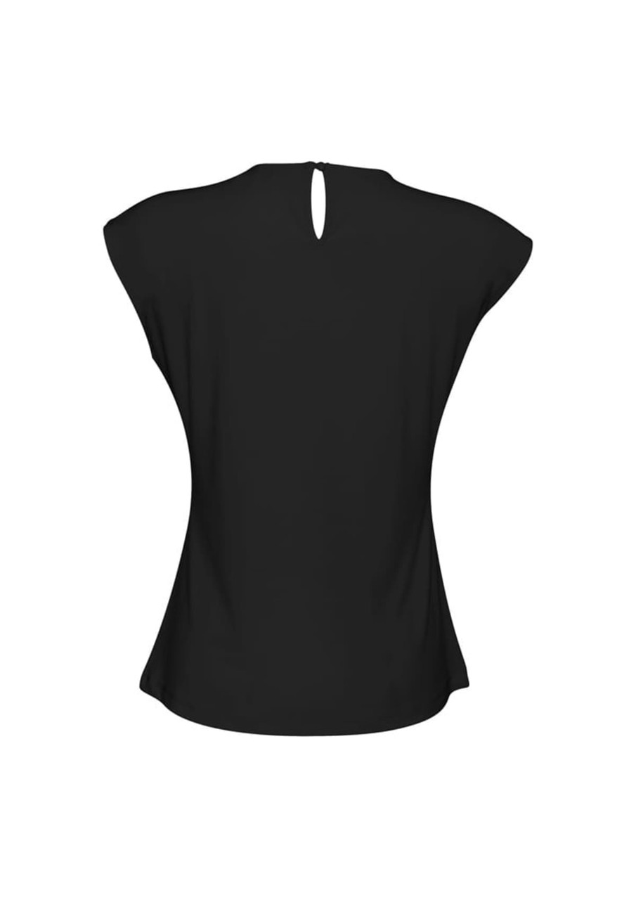 A black women's Mia top featuring a keyhole back design and short, cap sleeves. Includes a logo.