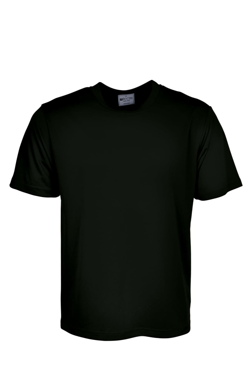 A plain black unisex micromesh tee shirt with short sleeves. The shirt includes a label and no visible branding.