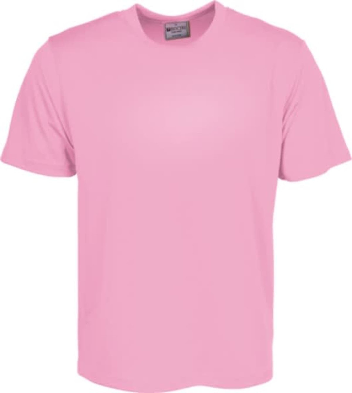 A plain pink unisex micromesh T-shirt with a round neckline and short sleeves, featuring a logo.