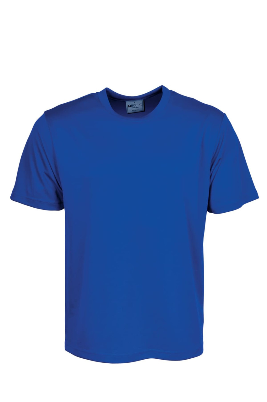 A plain blue unisex micromesh tee shirt displayed on a white background, featuring a logo on the neckline.