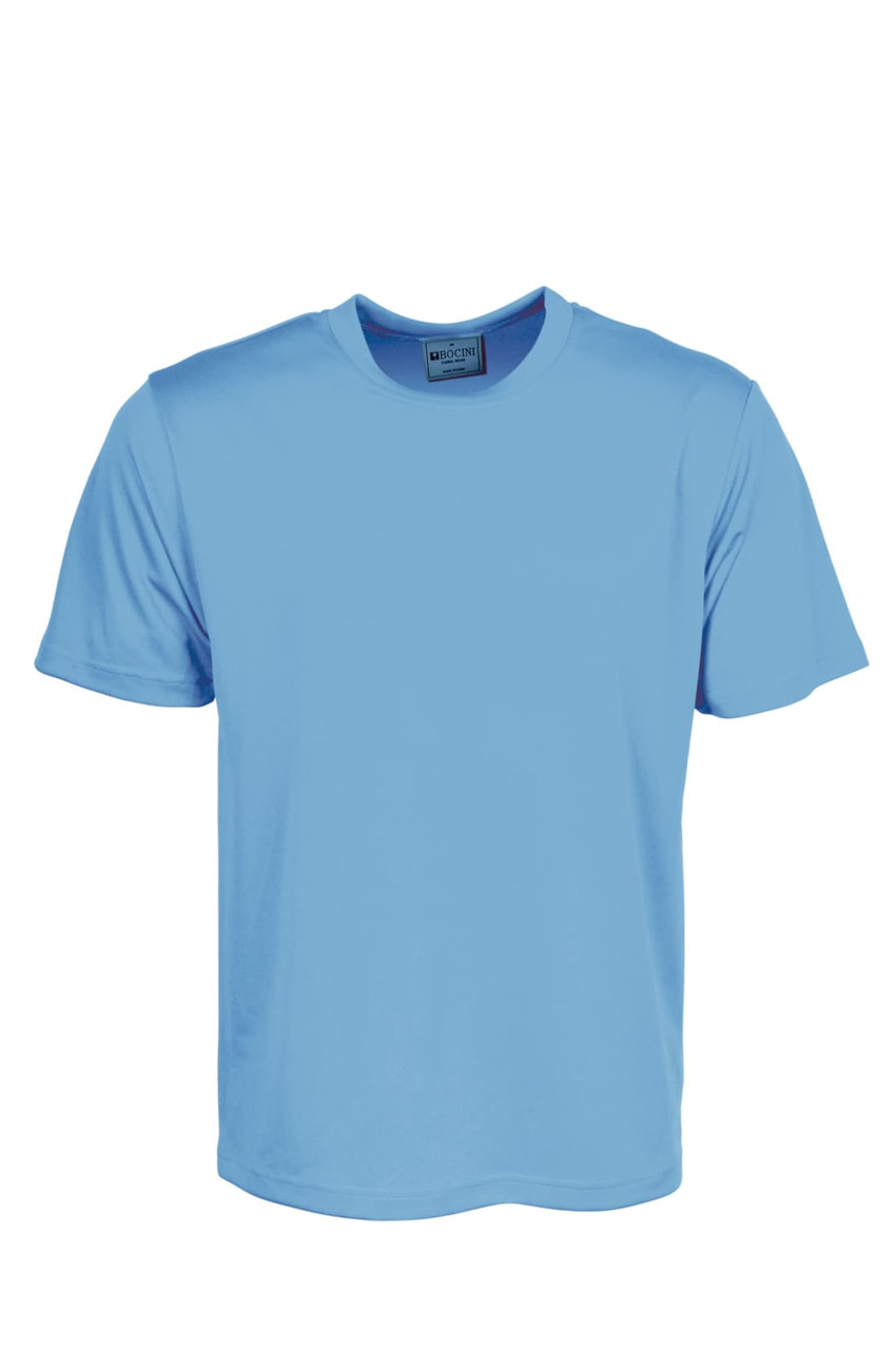 A plain blue micromesh tee shirt for unisex adults, featuring a logo on the label.
