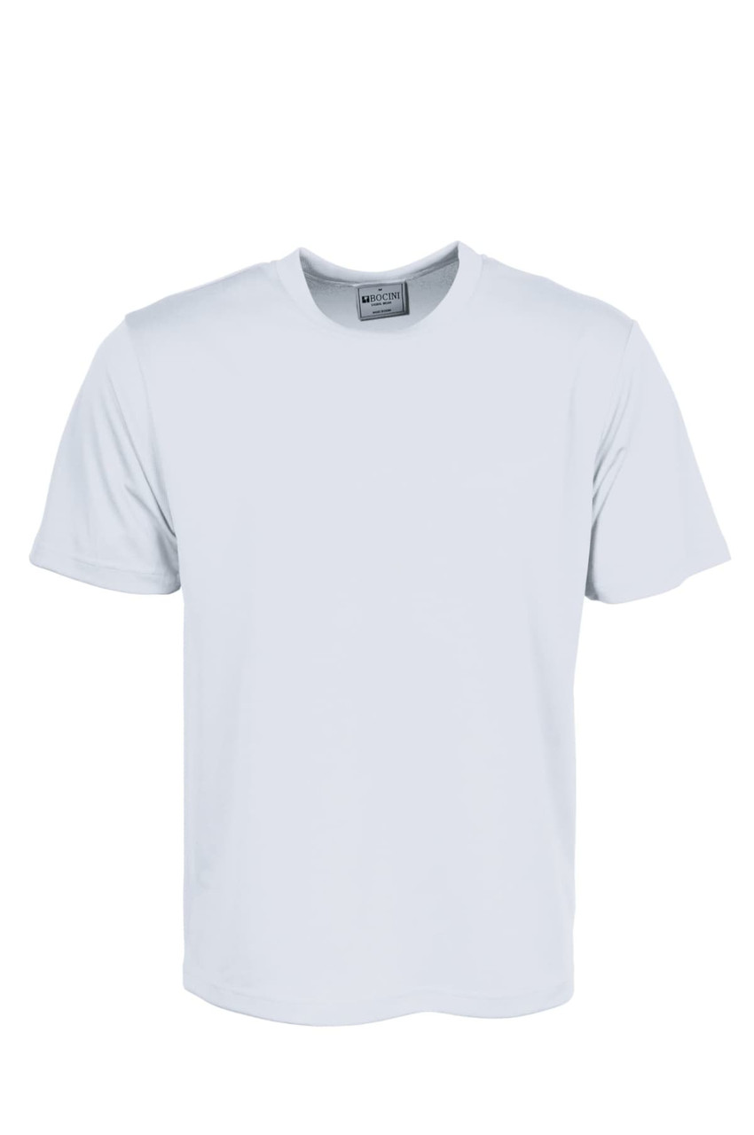A plain white unisex micromesh tee shirt with short sleeves and a label inside.