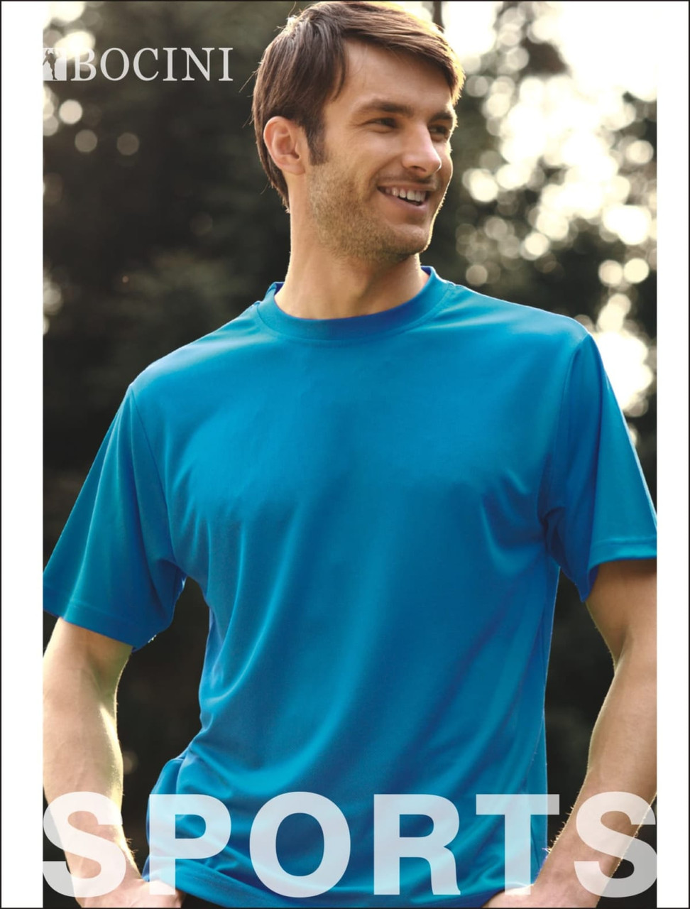 A blue unisex micromesh tee shirt, featuring a relaxed fit and a logo on the upper left.