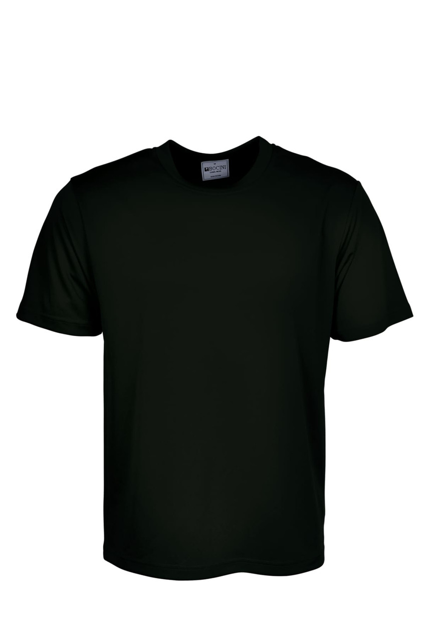 A plain black micromesh tee shirt featuring short sleeves and a round neck design. It includes a brand logo.