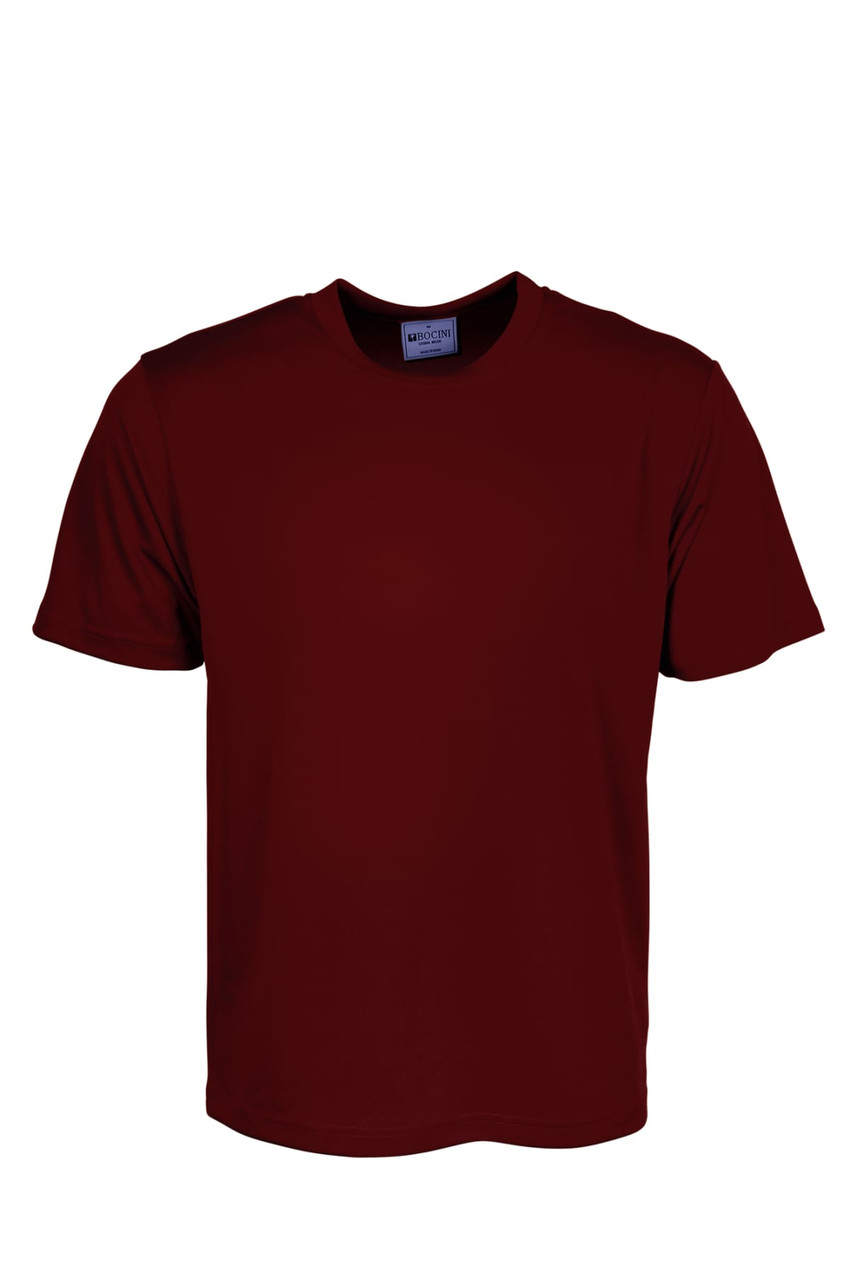 A plain maroon micromesh T-shirt featuring a round neck and short sleeves, with a logo on the label.