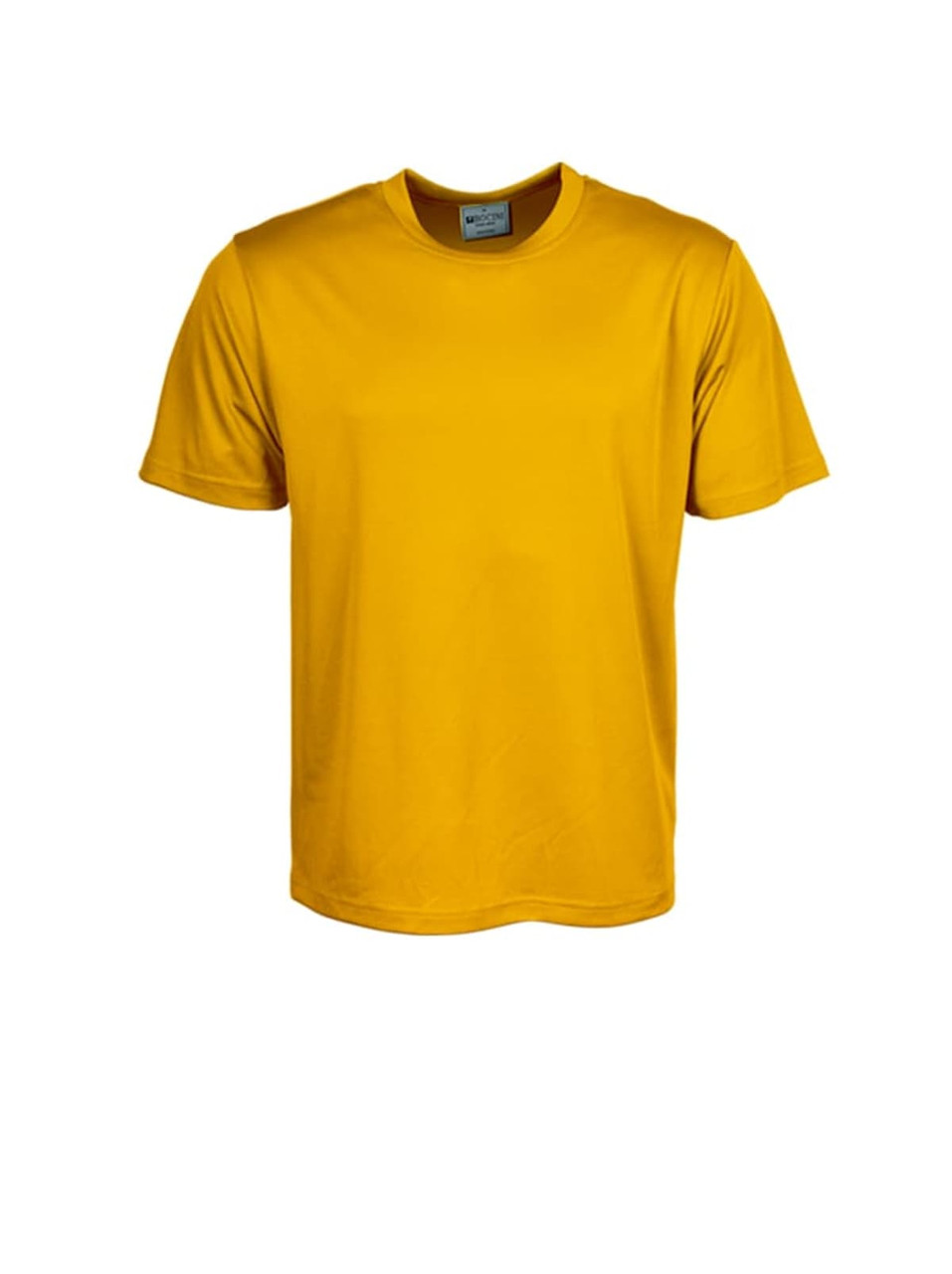 A plain yellow micromesh T-shirt with short sleeves and a crew neckline, featuring a branding label inside.