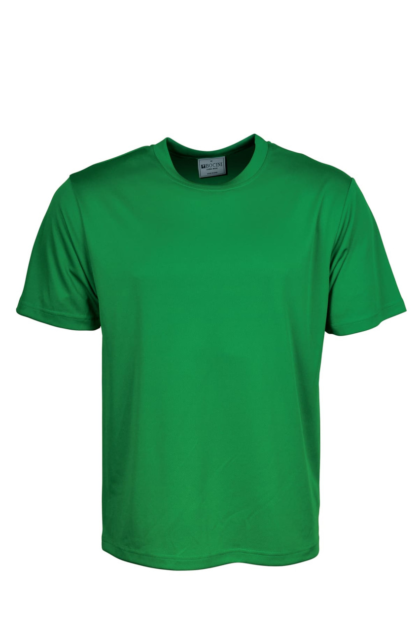 A green micromesh T-shirt for kids featuring short sleeves and a crew neck. Includes a branding logo.