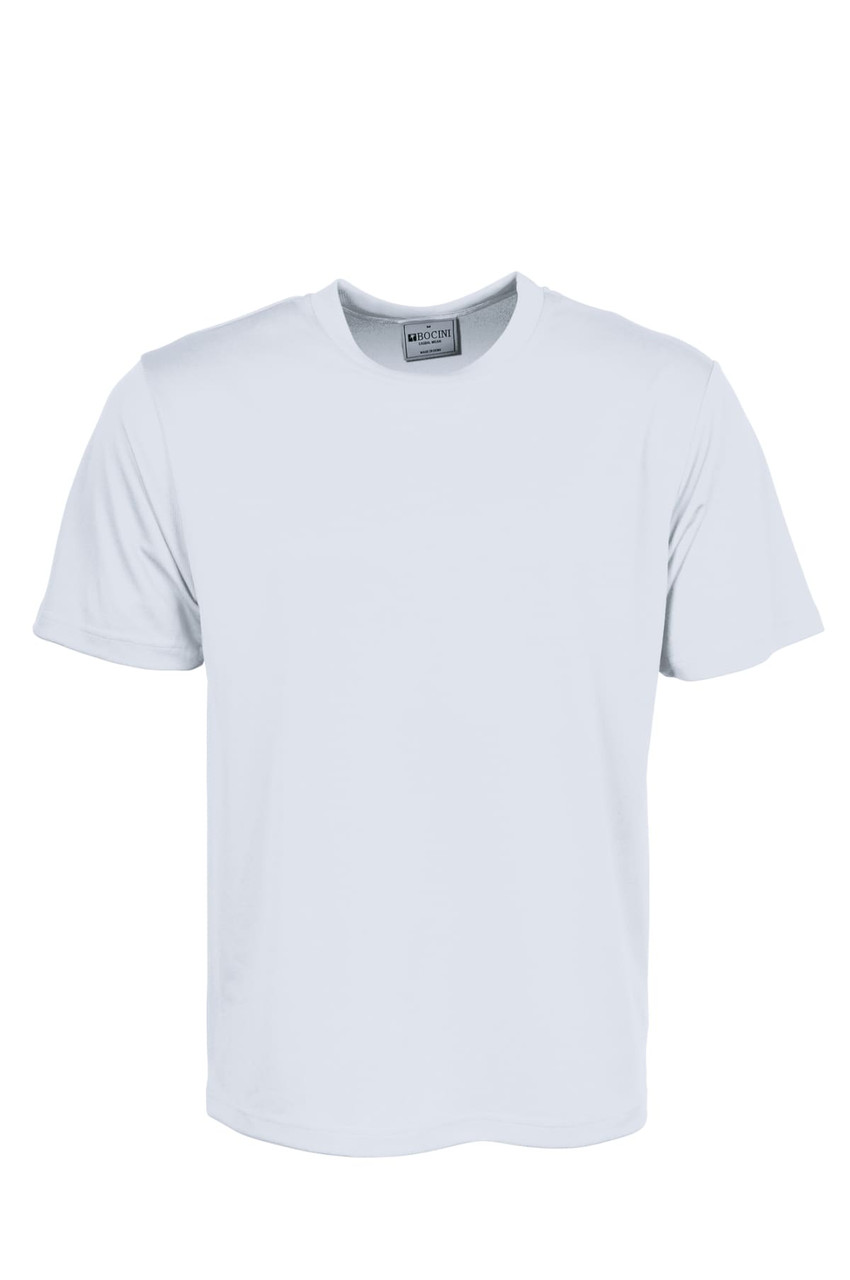 A plain light blue micromesh tee shirt with short sleeves and a crew neckline. It features a logo on the label.