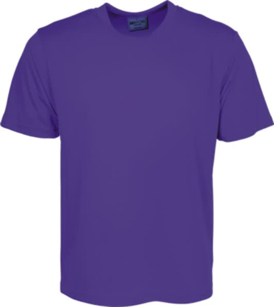 A plain purple micromesh T-shirt, featuring short sleeves and a round neckline, with a logo present.