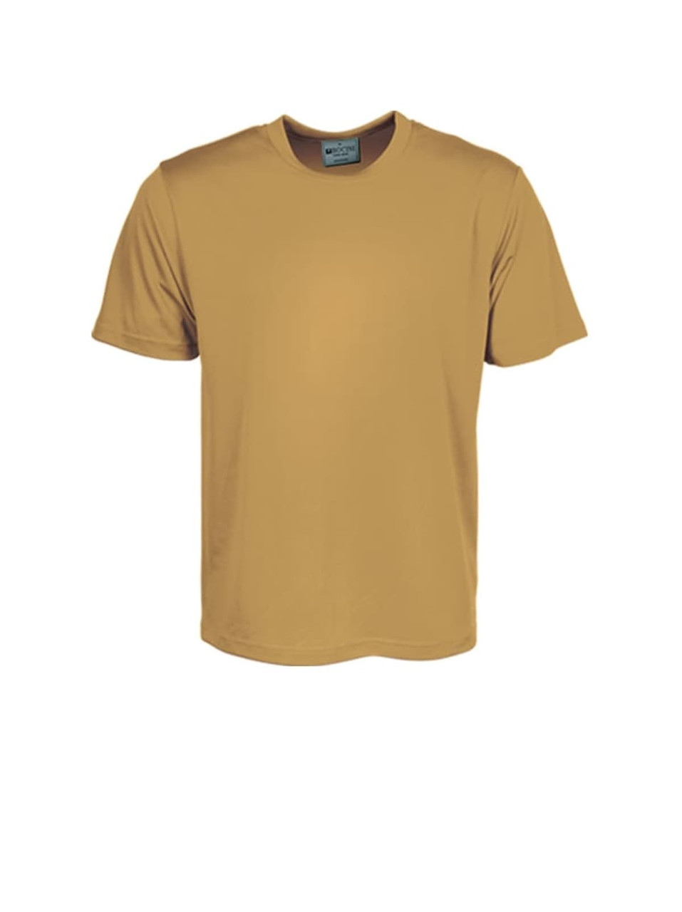 A plain yellow micromesh T-shirt with short sleeves and a tag at the neckline. It features a logo.
