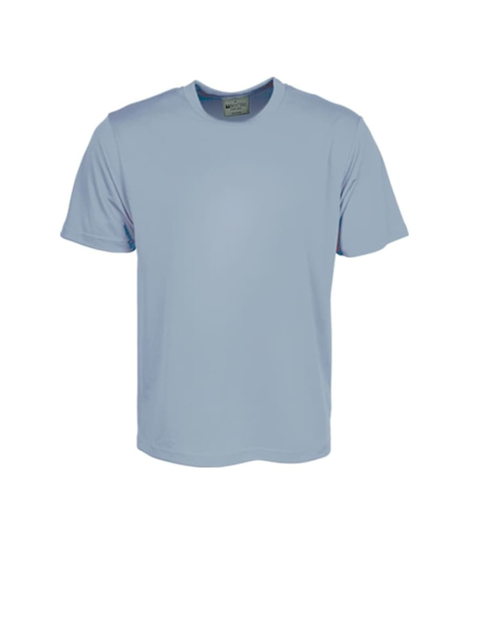 A plain light blue micromesh tee shirt with short sleeves and a branding label on the neckline.