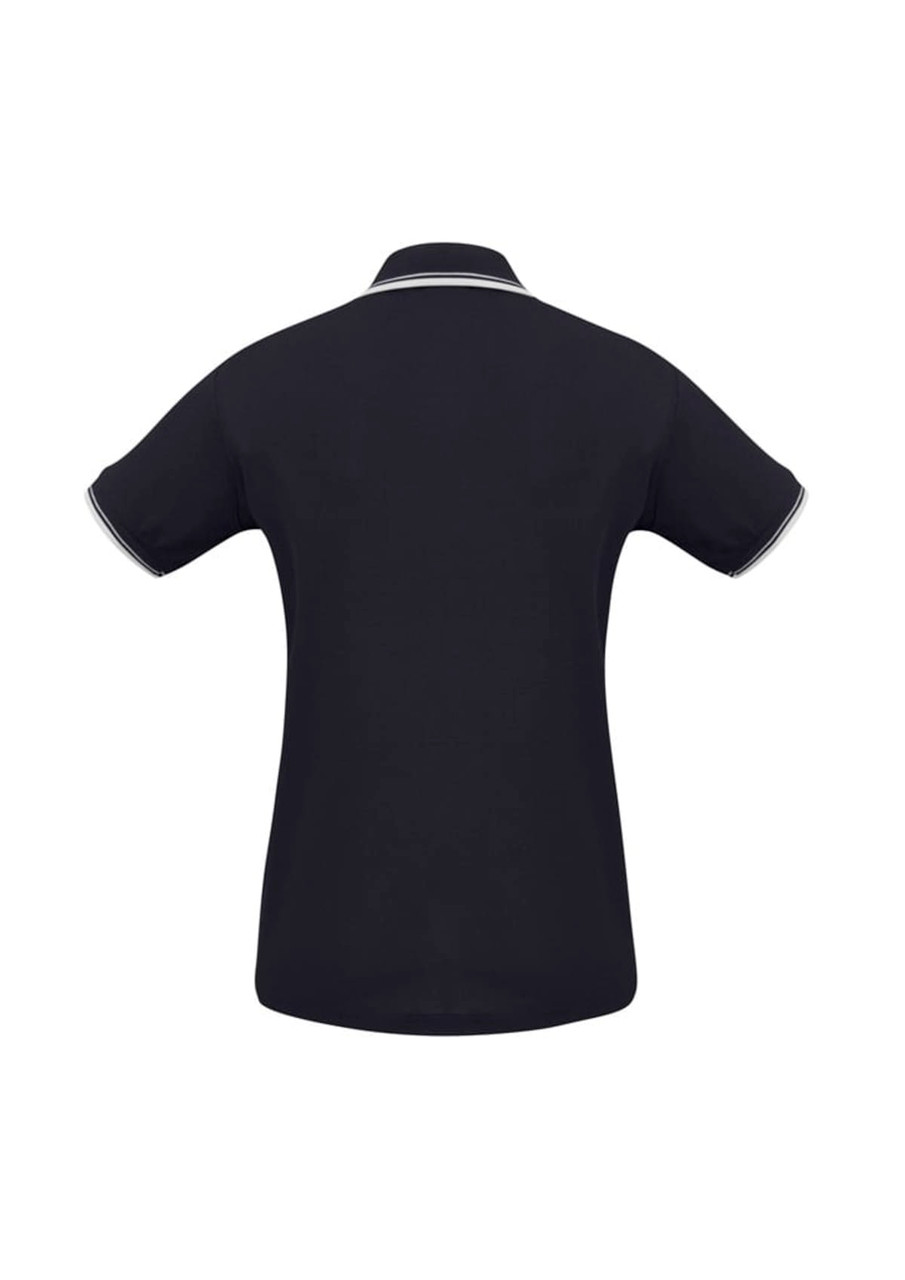 A black women's polo shirt featuring short sleeves and a contrasting collar. The back view includes a logo.