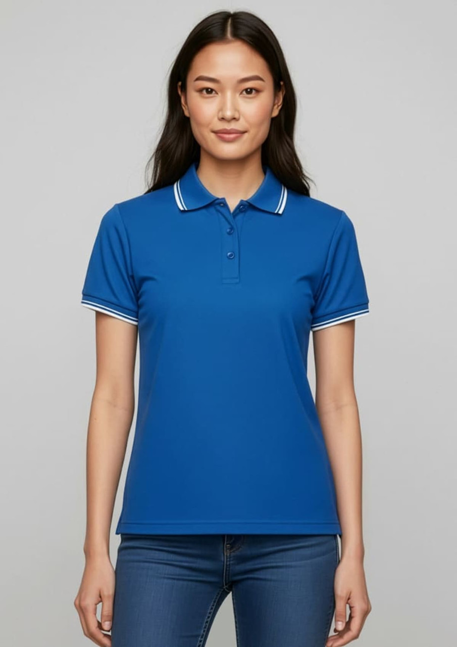 A women's short sleeve polo in vibrant blue with contrasting white stripes on the collar and sleeves.