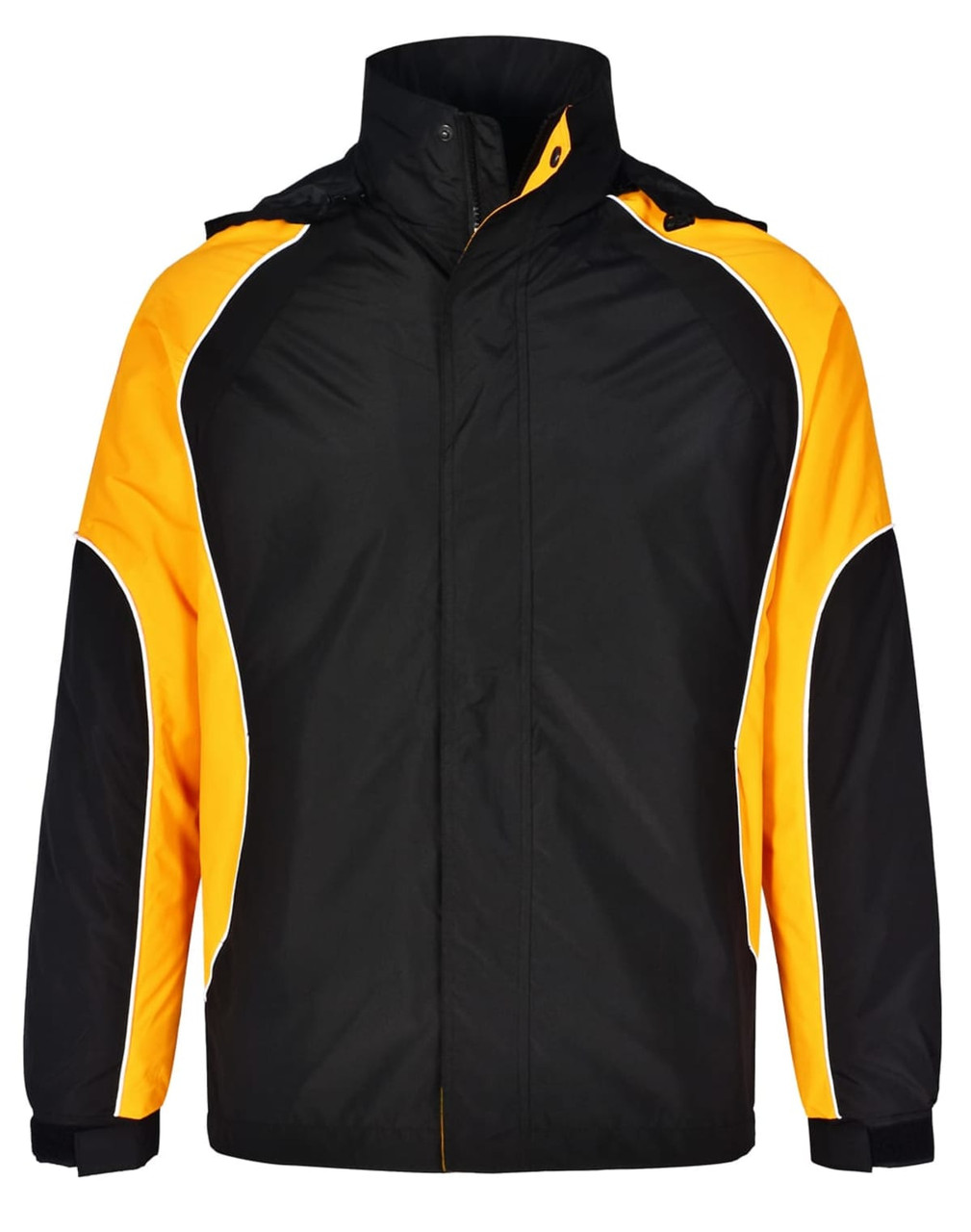 A unisex jacket in black and yellow with a logo, featuring a zip front and high collar.