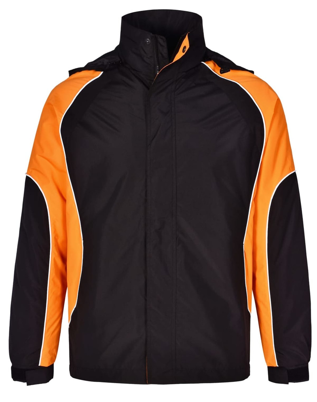 A unisex jacket in black with orange accents and a logo, featuring a high collar and front zip.