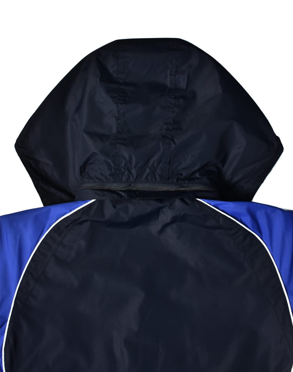 A unisex jacket in navy blue with a hood, featuring contrasting blue side panels and a logo.