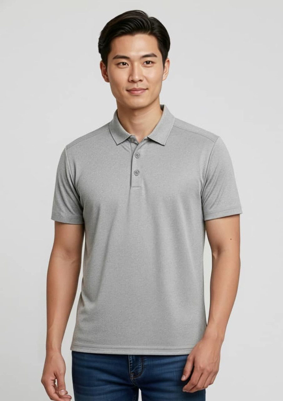 A grey short sleeve polo shirt for men, featuring a collar and a logo on the chest.
