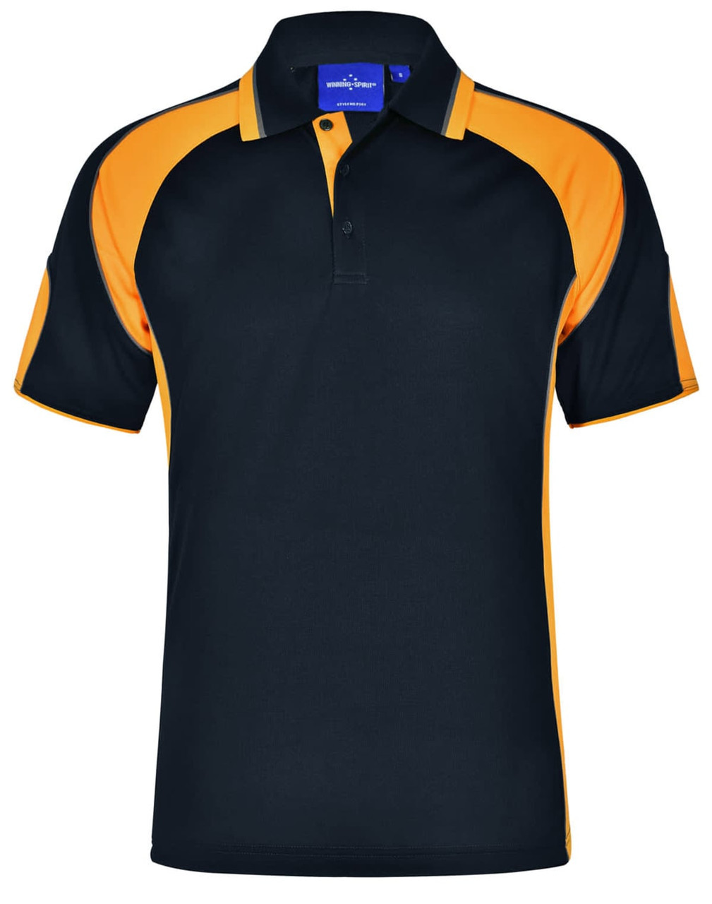 A black and orange men's polo shirt with a collar and a logo on the chest.