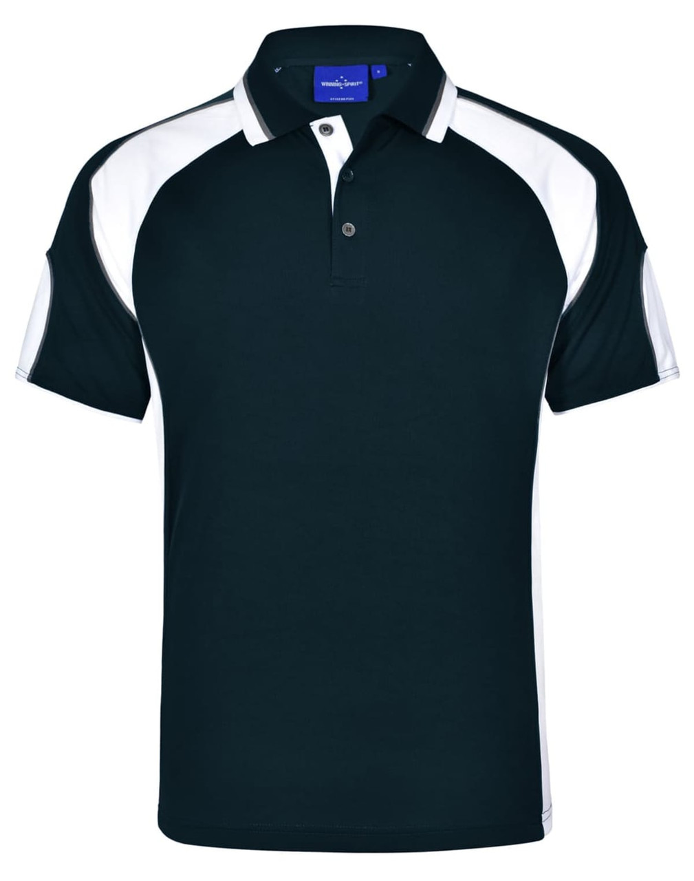 A black and white men's polo shirt featuring a collar, short sleeves, and a logo on the chest.