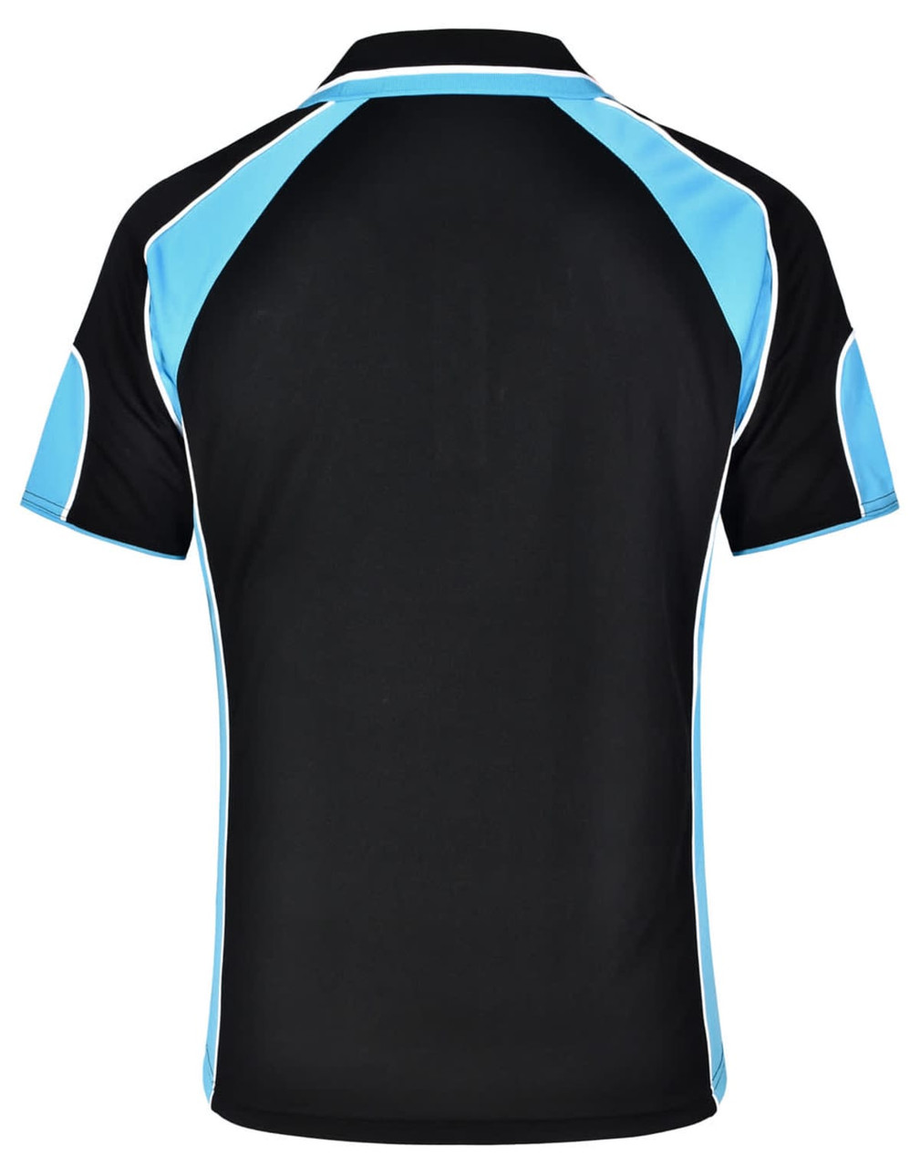 A black polo shirt featuring blue and white detailing on the shoulders and sleeves, with branding on the back.