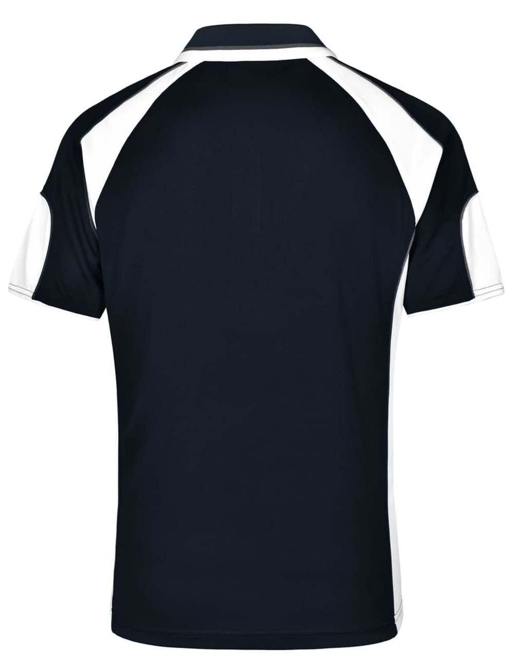 A polo shirt in navy with white accents and a logo, featuring a classic collar and short sleeves.