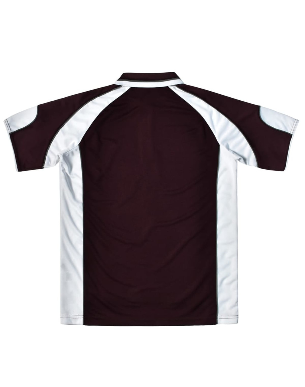 A brown and white polo shirt featuring a logo, with contrasting panels on the shoulders and sleeves.