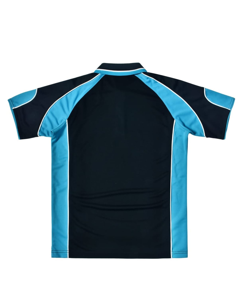 A black polo shirt featuring blue accents and a logo on the back.