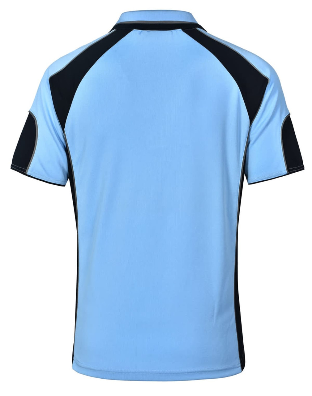 A light blue polo shirt with black accents and a logo on the back.