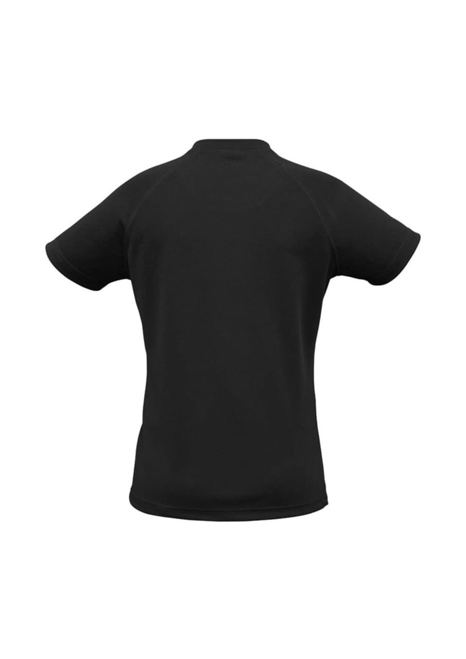 A women's short sleeve tee in black with a round neck and raglan sleeves. Features a logo on the back.