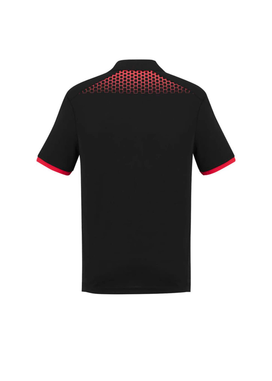 A black short sleeve polo shirt featuring a red and orange patterned design on the back and contrasting red trim.