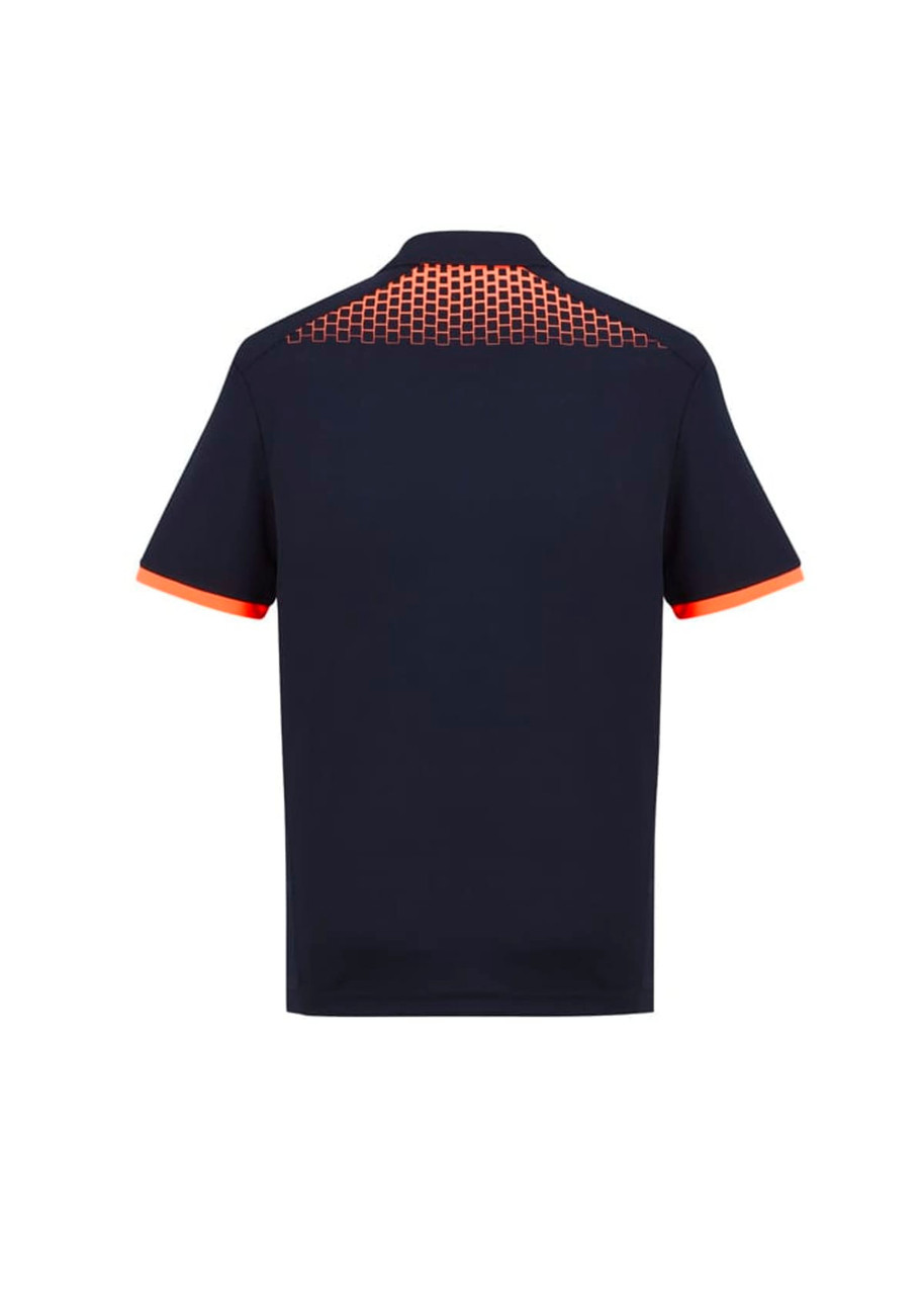 A navy short sleeve polo shirt featuring an orange grid design on the back and contrast sleeves. Includes a logo.