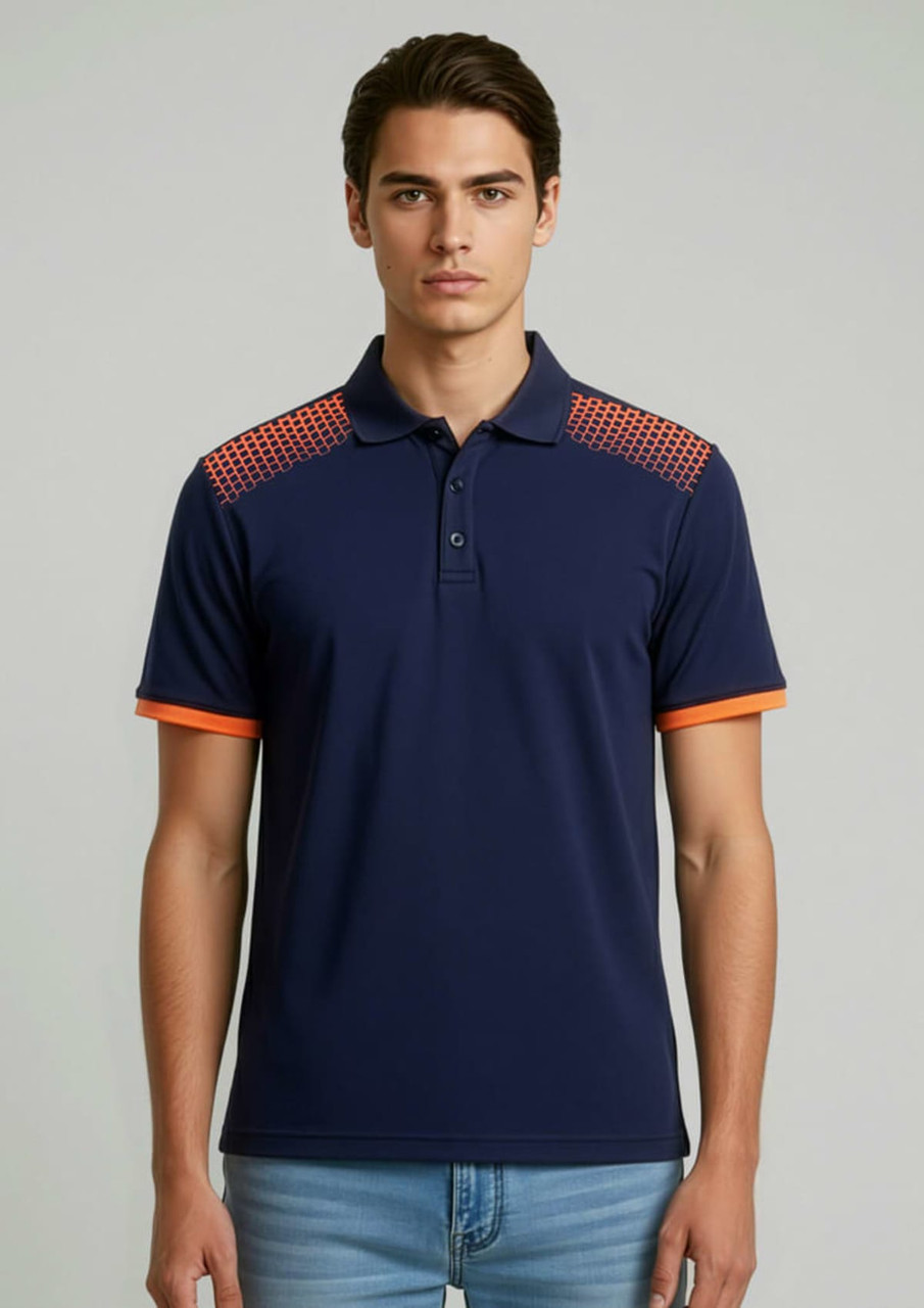 A navy blue short sleeve polo with orange accents on the shoulders and sleeves, featuring a logo.