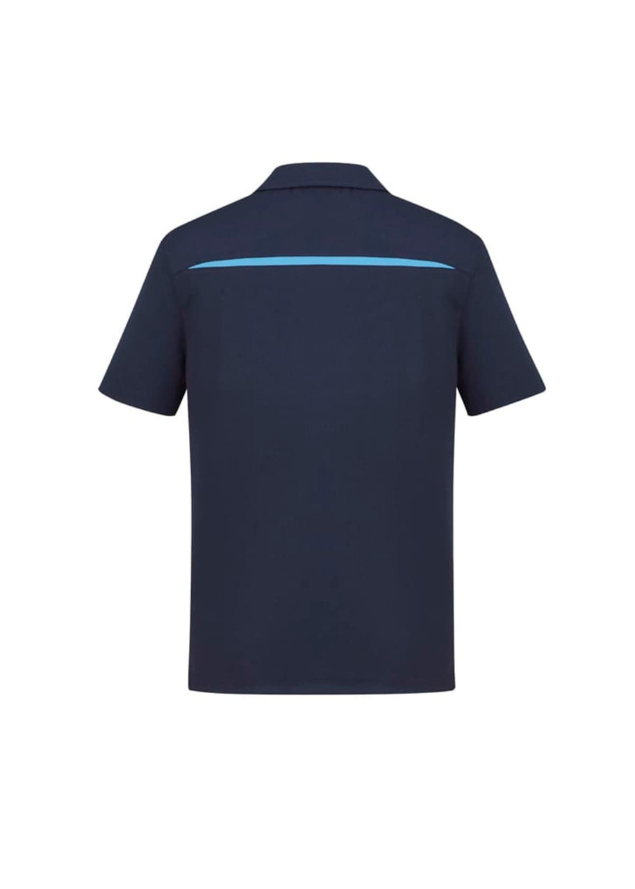 A navy short sleeve polo shirt featuring a light blue stripe and a logo on the back.