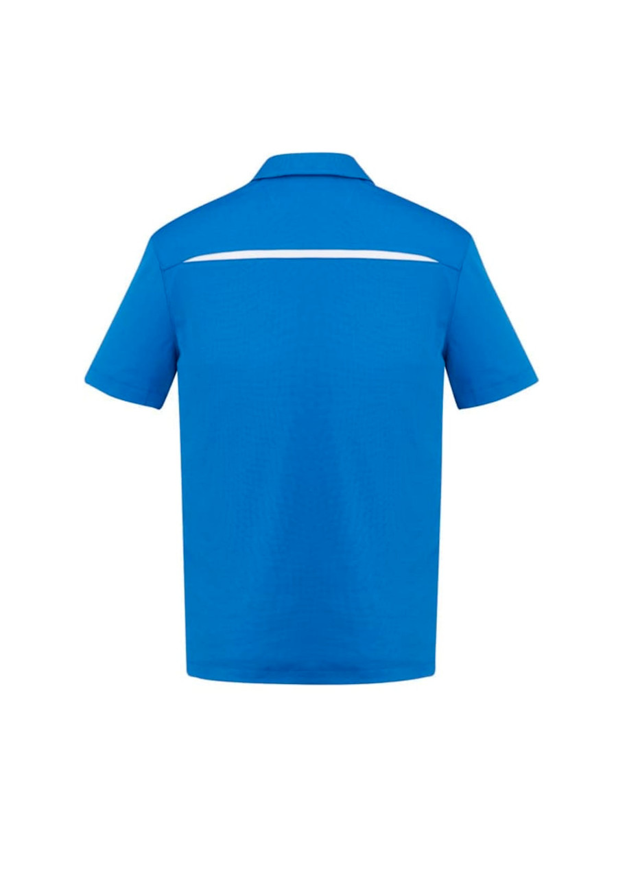 A blue short sleeve polo shirt featuring a collar and a logo on the back.