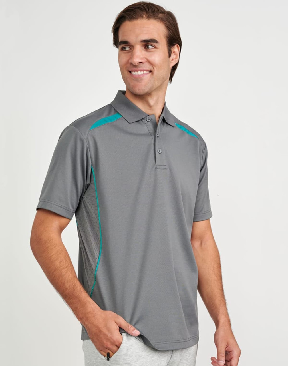 A grey men's polo shirt featuring contrast turquoise detailing and a logo. Short sleeves and a classic collar design.