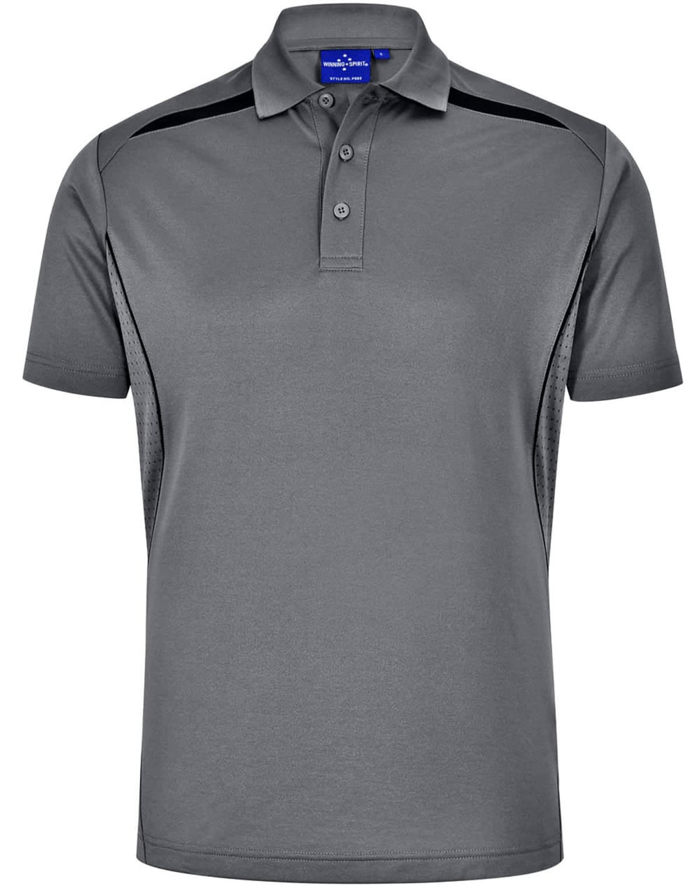Men's sustainable poly/cotton polo shirt in grey with contrast black detailing and a logo on the chest.