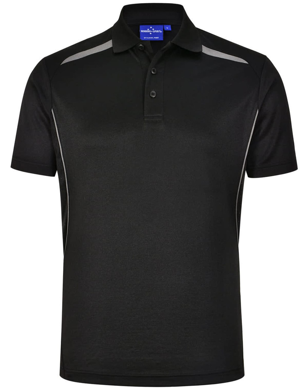 A black men's short sleeve polo shirt with contrast detailing and a logo on the collar.