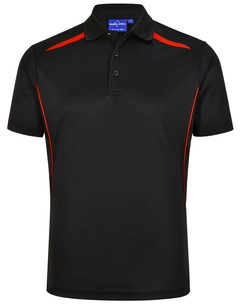 A black polo shirt with red contrast detailing and a branded logo, featuring a classic collar and three-button placket.