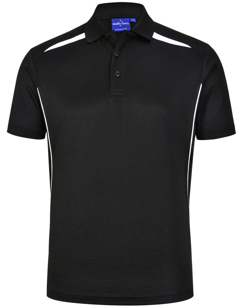A black sustainable poly/cotton short sleeve polo shirt with white contrast stripes and a collar.