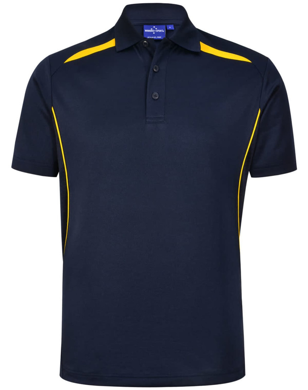 A navy blue polo shirt with yellow contrast detailing and a logo on the chest. Short sleeves and a classic collar.