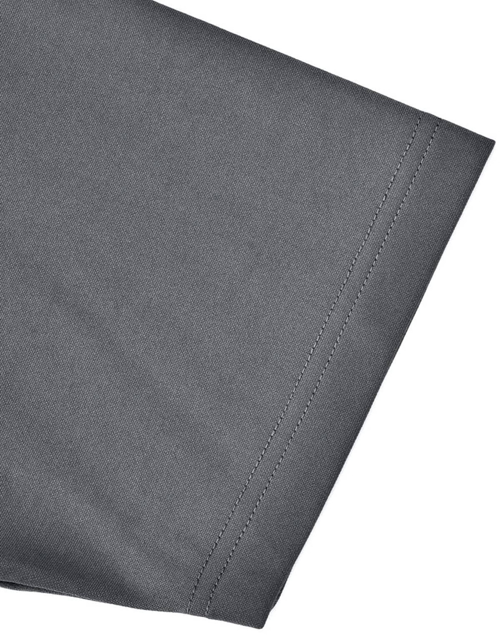 A close-up of the sleeve of a grey men's sustainable poly/cotton contrast polo shirt featuring stitching details and a logo.