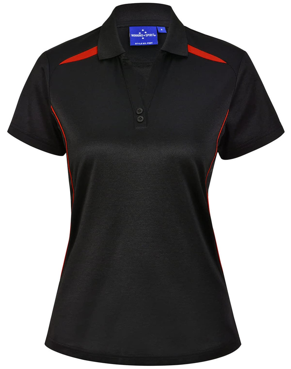 A black polo shirt with contrasting red accents, featuring a collar and button placket. Includes a logo.