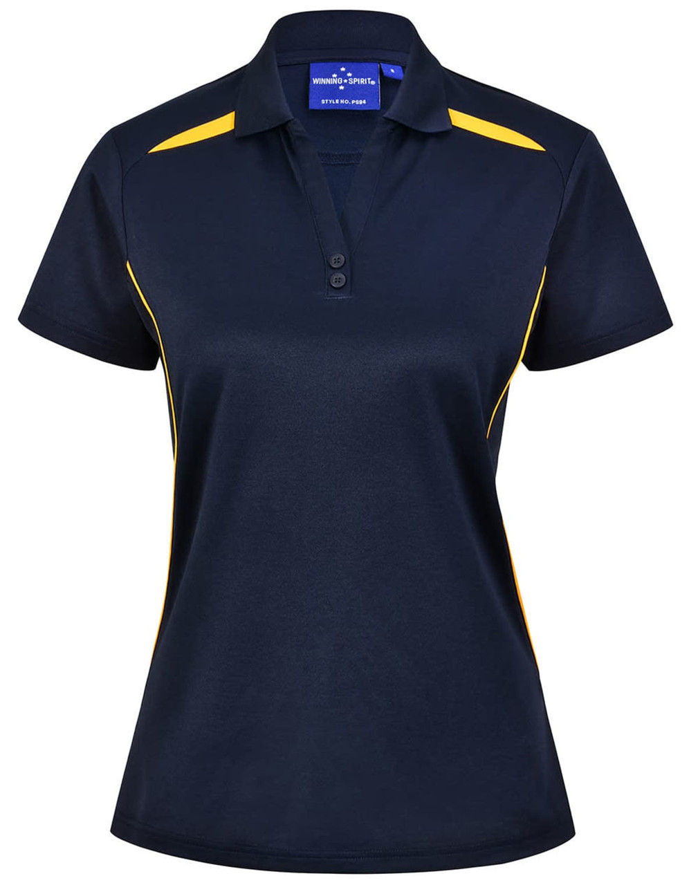 A navy blue polo shirt with yellow contrast detailing, featuring a collar and button placket. Includes a logo.