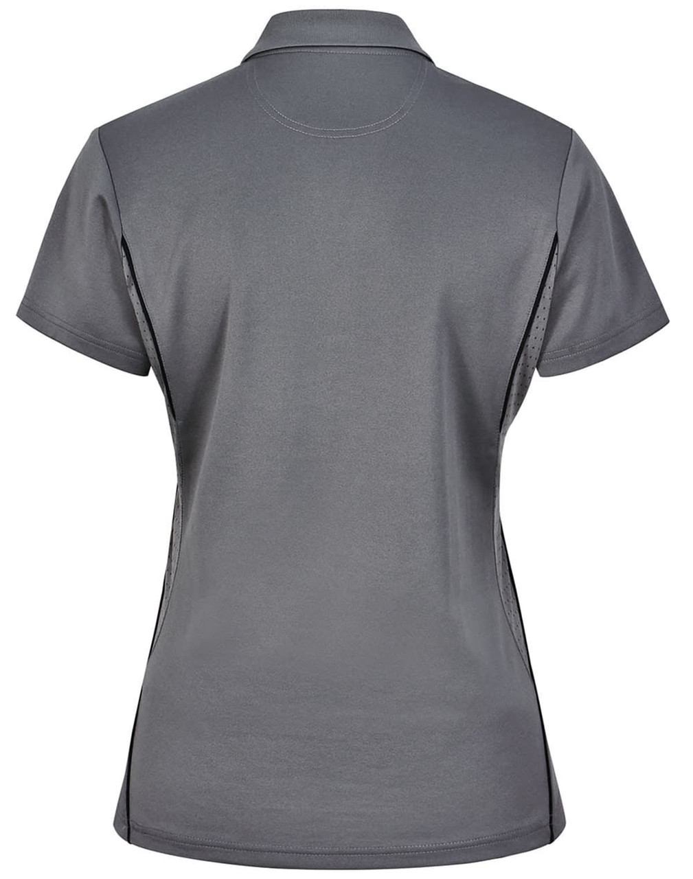 A grey ladies' polo shirt featuring a contrast design and a logo. Back view shows short sleeves and a fitted style.
