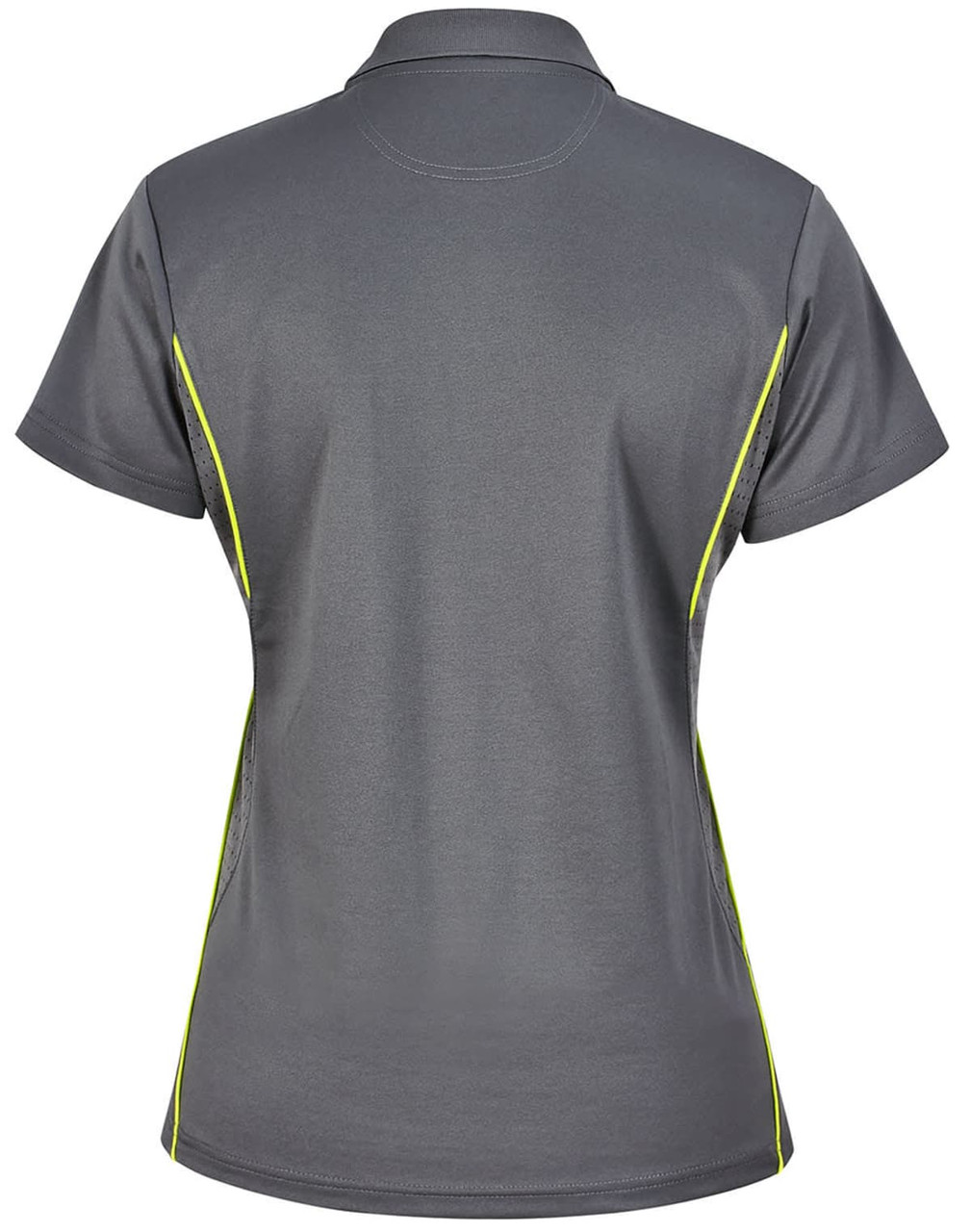 A grey ladies' polo shirt with short sleeves and contrasting yellow accents, featuring a logo.