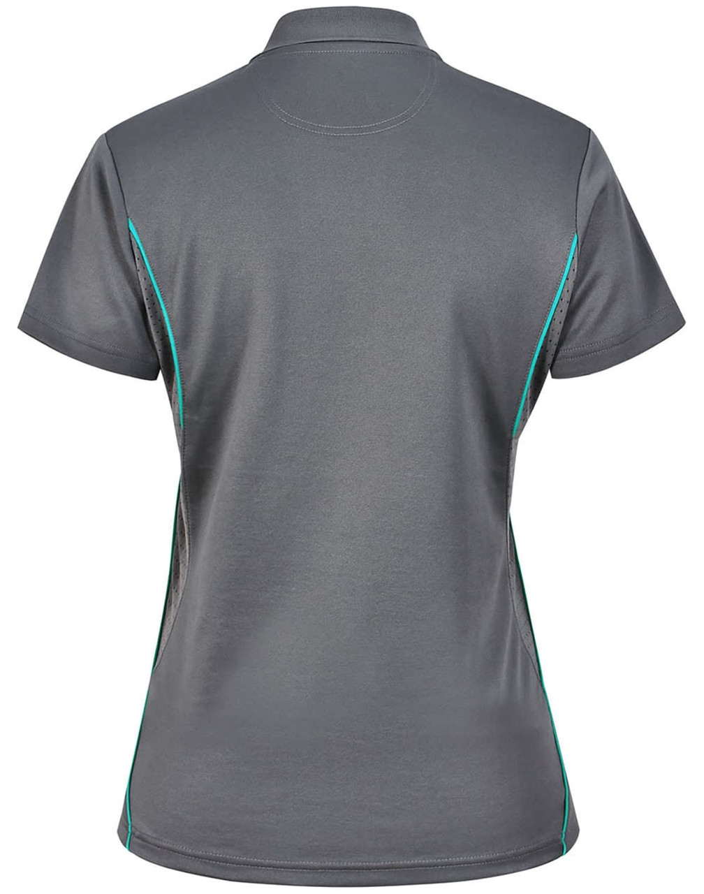 A grey ladies' polo shirt with contrasting teal side accents and a collar. It features a logo on the design.