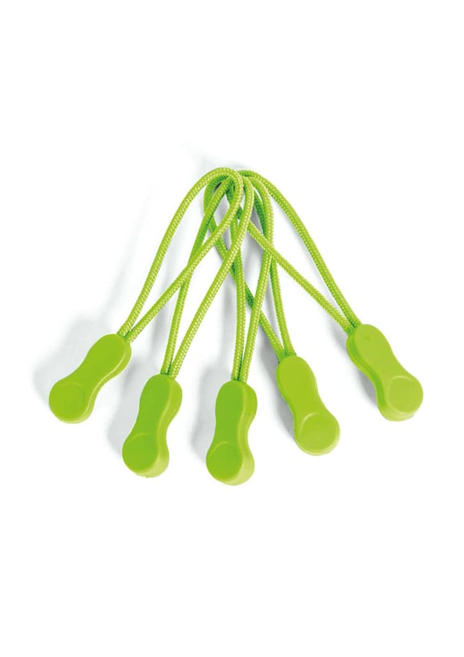 Five green Zippies with flexible cords, designed as clothing accessories. Each has a smooth, rounded grip.