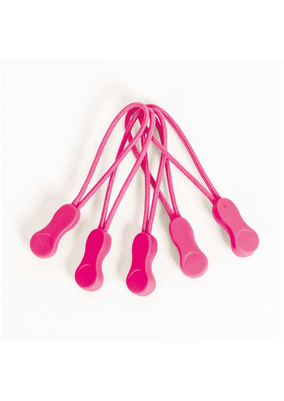 Five pink Zippies with elastic cords, featuring a smooth grip design. Each has a small branding logo.