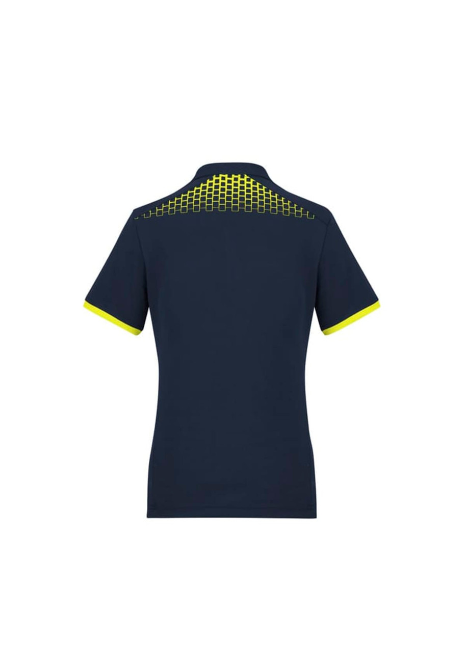 A women's short sleeve polo in navy with a patterned detail in bright yellow on the back. Features a logo.